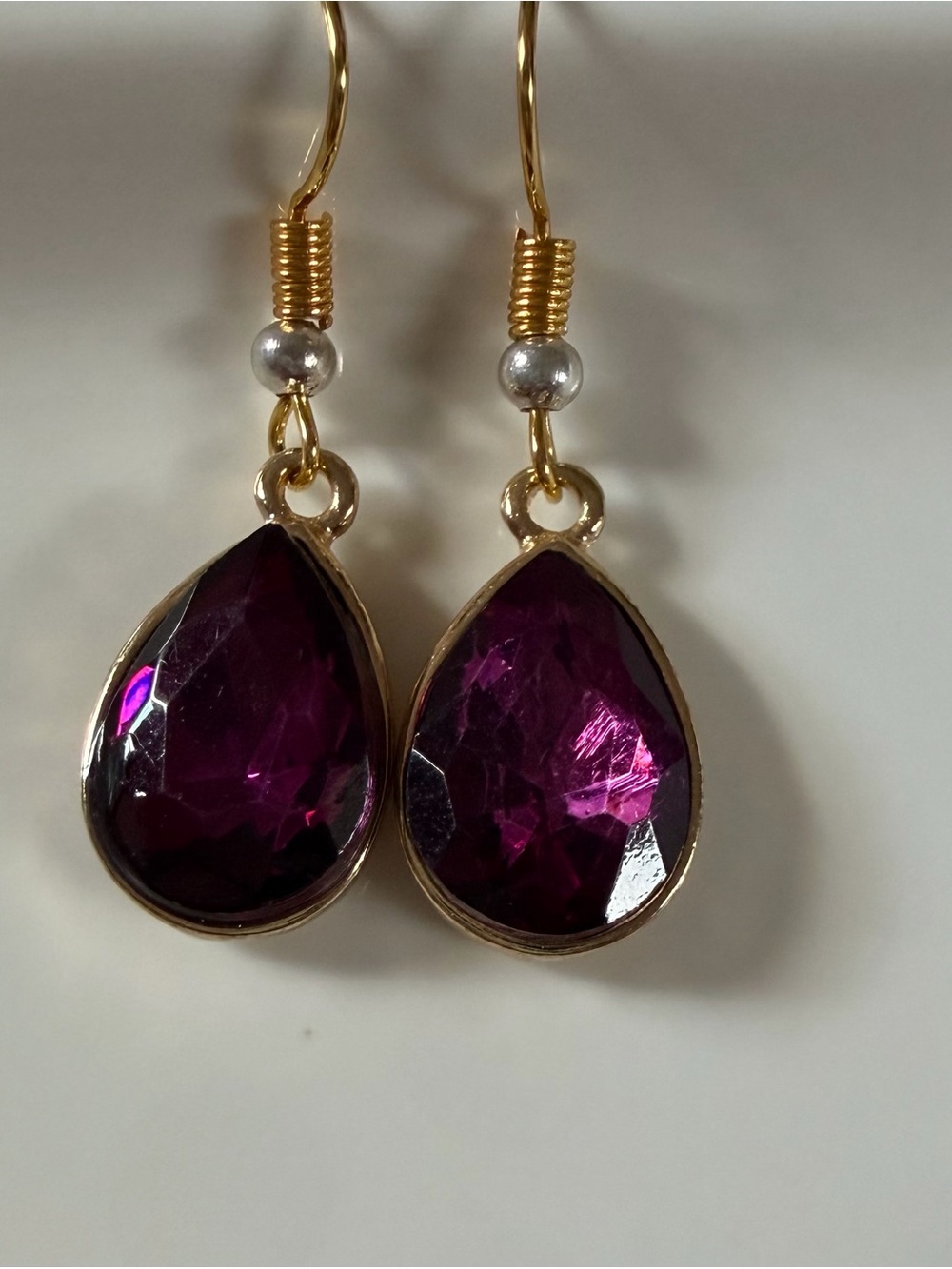 Gold Drop Earrings with Deep Purple Teardrop Stones
